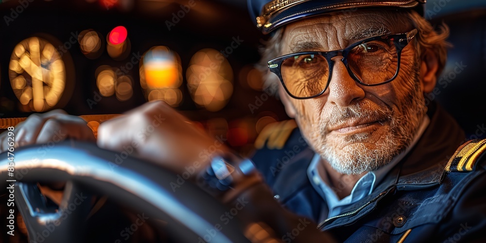 A close-up shot of an elderly man in a uniform gripping the steering wheel while driving at night, with a focused expression A close-up shot of an elderly man in a uniform gripping the steering wheel while driving at night, with a focused expression