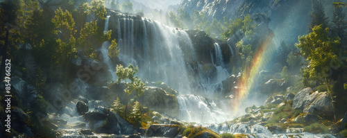 A photorealistic depiction of a powerful waterfall cascading down a rocky cliff, its mist creating a rainbow in the sunlight. photo