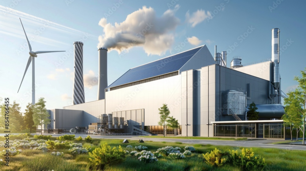 A modern industrial facility with a wind turbine and solar panels on the roof. Smoke is coming from one of the smokestacks. A modern industrial facility with a wind turbine and solar panels on the roof. Smoke is coming from one of the smokestacks.