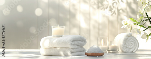 Obraz na płótnie Spa background towel bathroom white luxury concept massage candle bath. Bathroom white wellness spa background towel relax aromatherapy flower accessory zen therapy aroma beauty setting table salt oil w salonie
