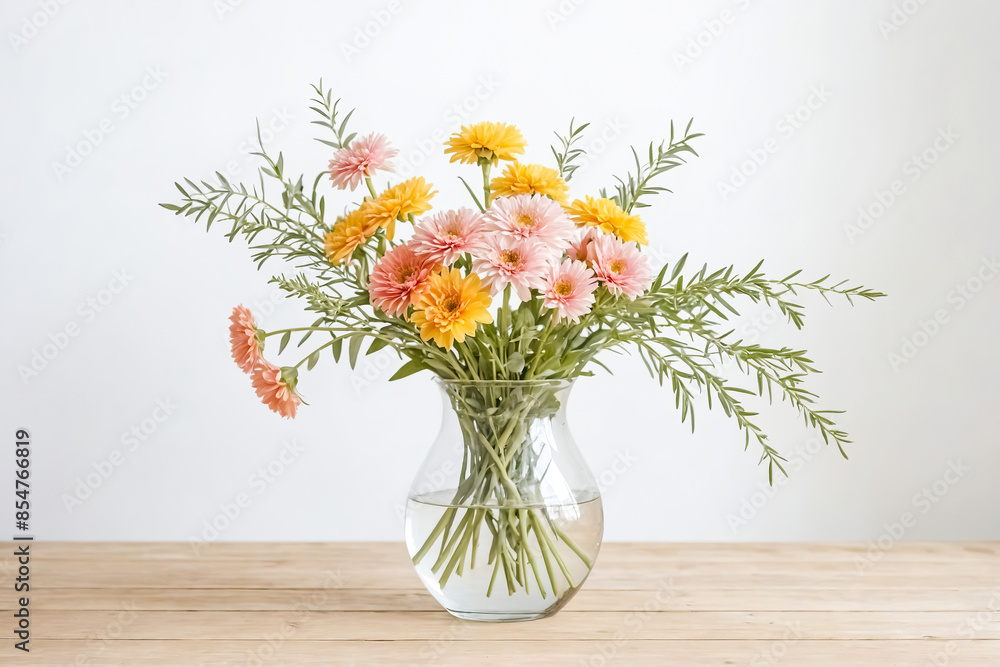 Colorful Gerbera Daisies in a Glass Vase on a Wooden Table Colorful Gerbera Daisies in a Glass Vase on a Wooden Table