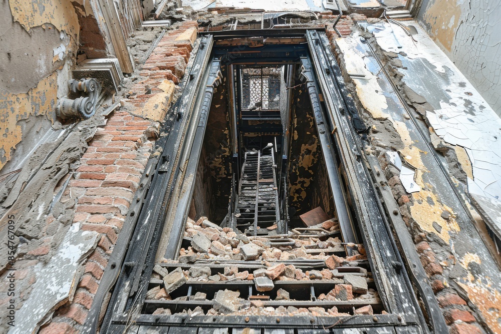 View of an abandoned building interior featuring a damaged staircase, crumbling walls, and scattered debris, highlighting decay and neglect. View of an abandoned building interior featuring a damaged staircase, crumbling walls, and scattered debris, highlighting decay and neglect.