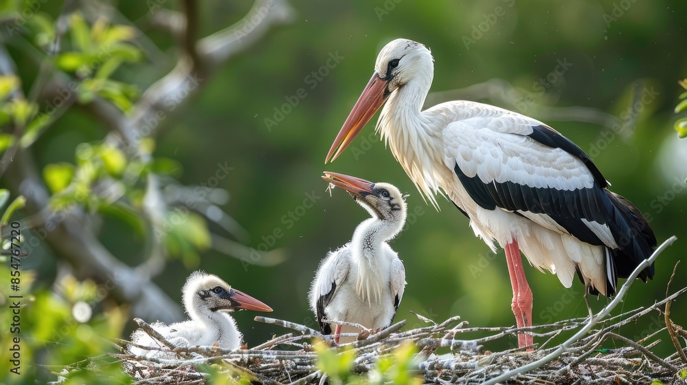 Fototapeta premium Feeding young White Storks in nest