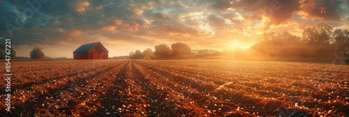 Golden Sunset Over a Ploughed Field with a Red Barn photo