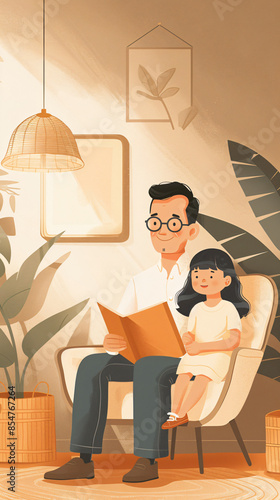 Dad is reading to his daughter in the living room, with a simple flat illustration style using bright colors and simple lines. The warm light brown wall color creates an atmosphere of warmth and comfo photo