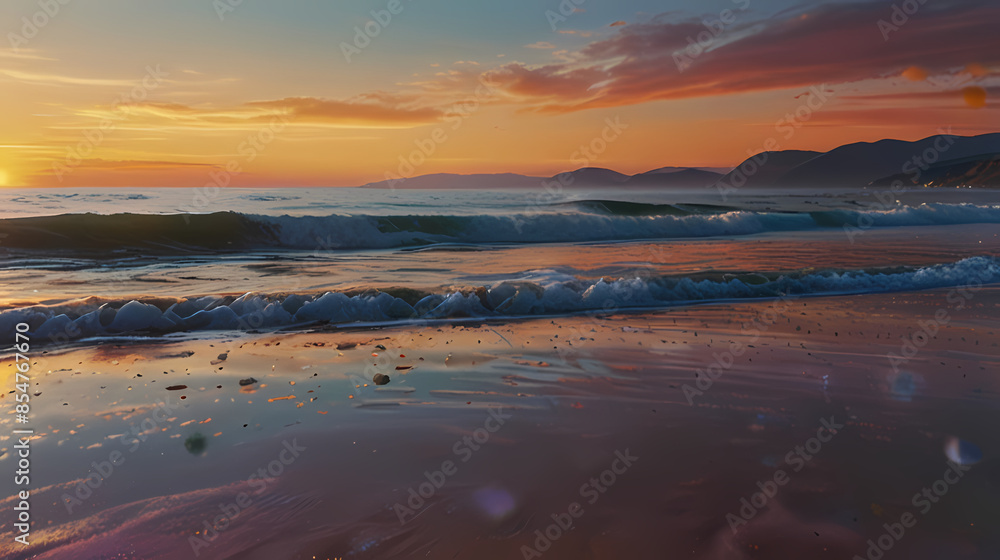 Obraz premium a serene beach at sunset with holographic waves washing onto the shore, reflecting the colors of the sky.