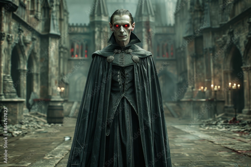 Naklejka premium A sinister vampire lord with glowing red eyes stands in a decrepit, gothic courtyard, exuding an aura of darkness and ancient power.