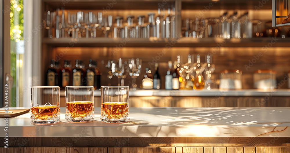 A brown glass-front cabinet above the kitchen counter, whiskey glasses, ceramic mugs, and wine glasses arranged. The kitchen features light wooden cabinets, a stone countertop. Generative AI. A brown glass-front cabinet above the kitchen counter, whiskey glasses, ceramic mugs, and wine glasses arranged. The kitchen features light wooden cabinets, a stone countertop. Generative AI.