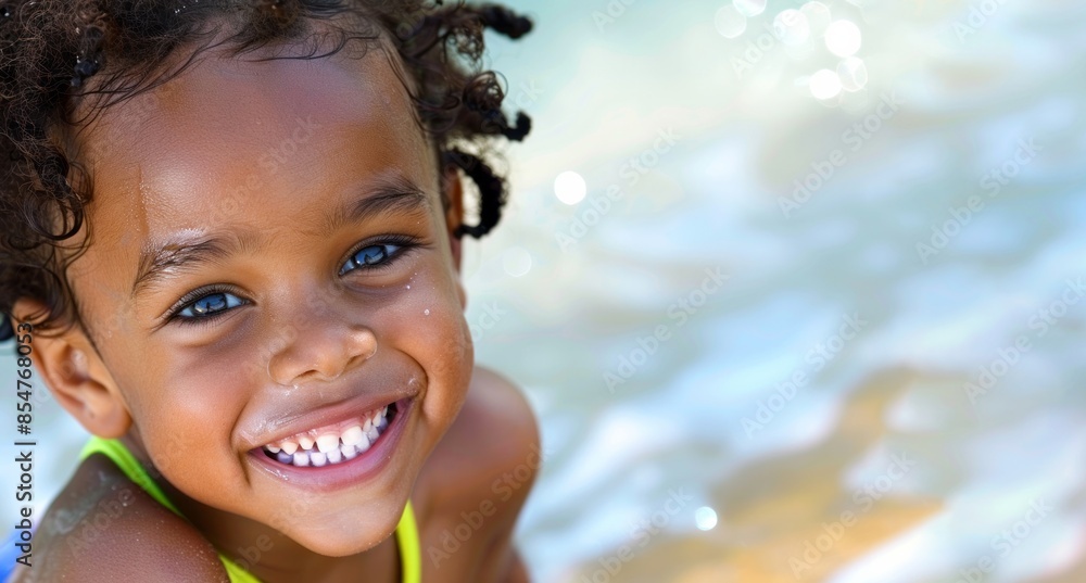 Close up of Afro American child having fun on the beach during vacation time Close up of Afro American child having fun on the beach during vacation time