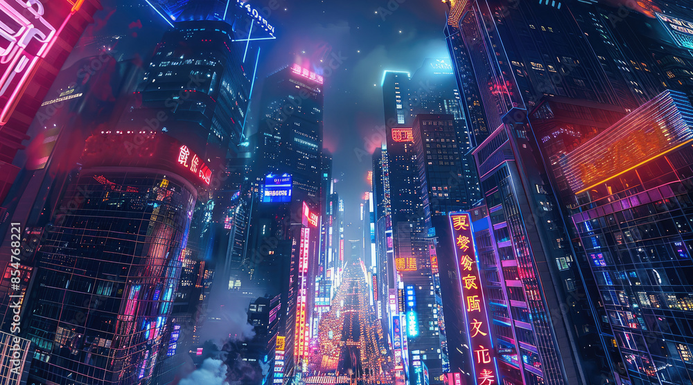 A bustling city at night, with skyscrapers illuminated by vibrant neon lights and busy streets below. Aerial high view. Generative AI. A bustling city at night, with skyscrapers illuminated by vibrant neon lights and busy streets below. Aerial high view. Generative AI.