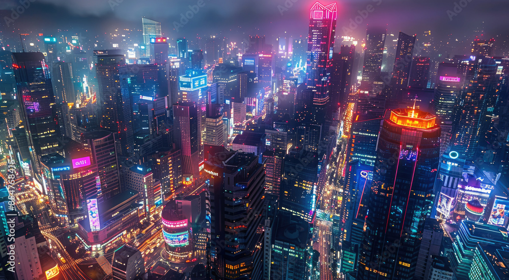 A bustling city at night, with skyscrapers illuminated by vibrant neon lights and busy streets below. Aerial high view. Generative AI. A bustling city at night, with skyscrapers illuminated by vibrant neon lights and busy streets below. Aerial high view. Generative AI.