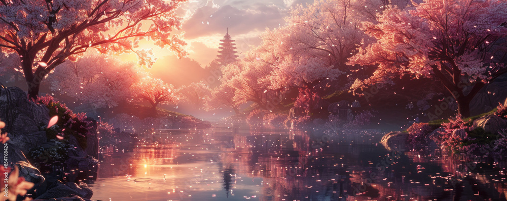 Fototapeta premium Blossoming cherry trees lining a serene Japanese garden, sakura season, Zen tranquility, cultural elegance.