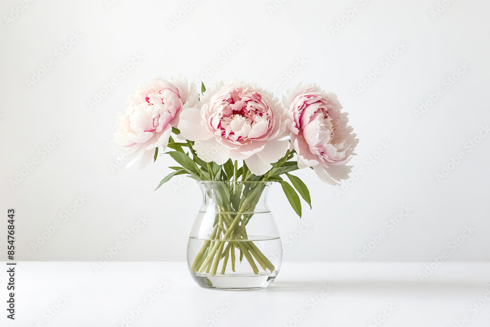Pink Peonies in a Clear Glass Vase on a White Background Pink Peonies in a Clear Glass Vase on a White Background