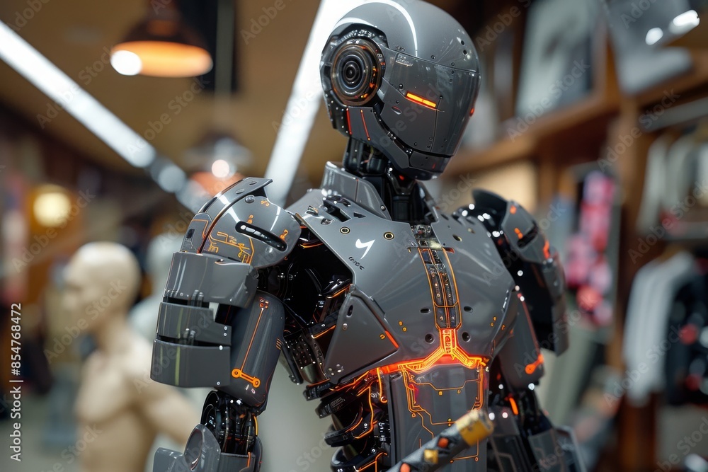 A sleek robotic android with illuminated circuits stands in a futuristic workshop, embodying advanced technology and innovation.
A sleek robotic android with illuminated circuits stands in a futuristic workshop, embodying advanced technology and innovation.