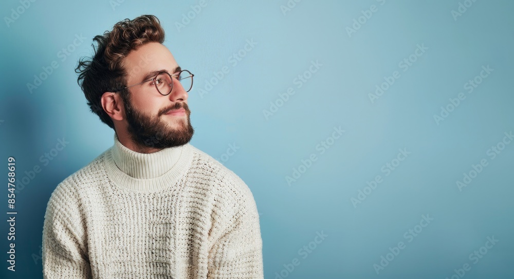Obraz premium Attractive bearded man with stylish hair and beard smiling and looking away isolated on light blue background.