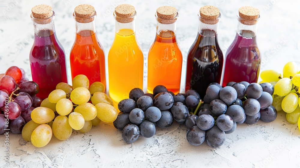 colorful bottles of natural grape juice alongside fresh grapes on a white background, isolated to emphasize their freshness and vibrant colors. colorful bottles of natural grape juice alongside fresh grapes on a white background, isolated to emphasize their freshness and vibrant colors.