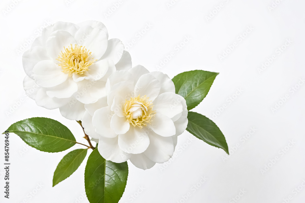 Fototapeta premium Two White Camellia Flowers with Green Leaves on White Background