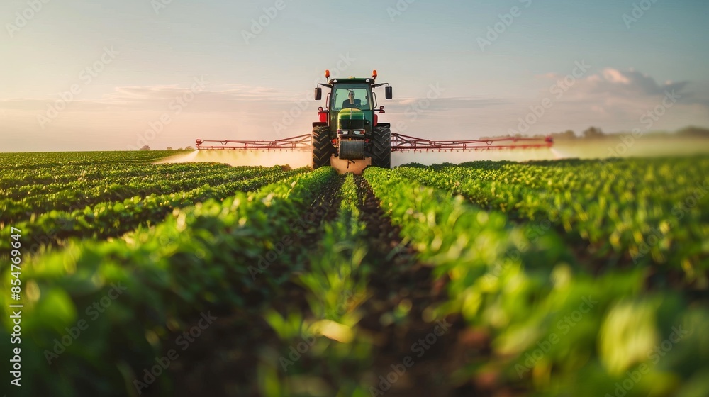 Tractor Spraying Crops in a Field at Sunset Tractor Spraying Crops in a Field at Sunset