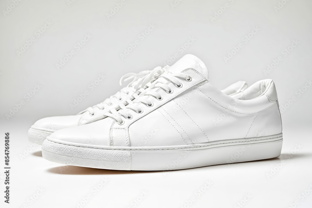 White Leather Sneakers on White Background White Leather Sneakers on White Background