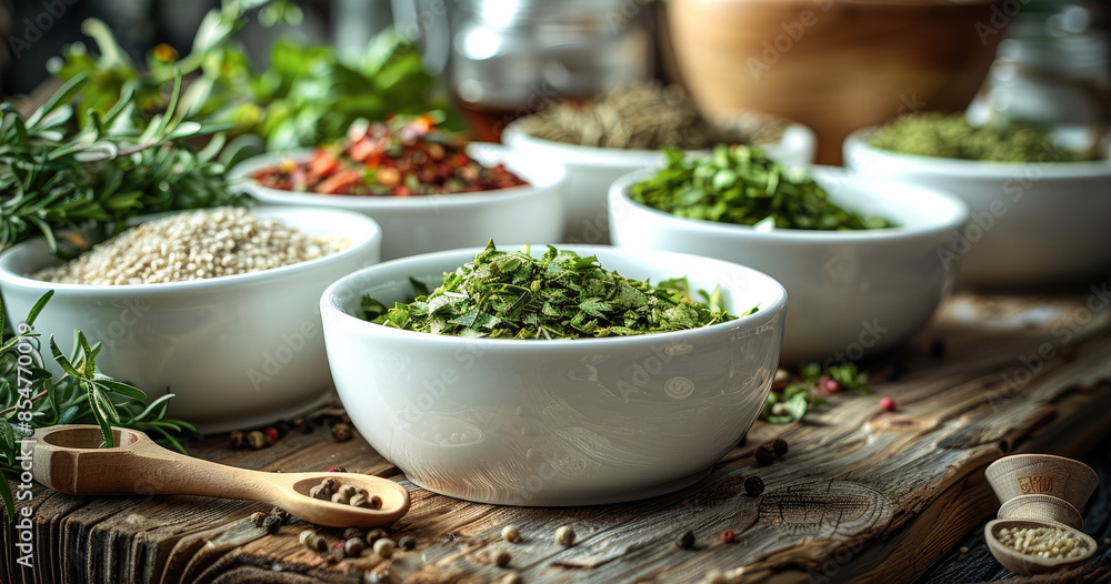 Chopped veg in white bowls, dried and fresh with wooden measuring spoons on the background, old kitchen table, vintage wooden mortar for grinding tea leave, spices and other seasoning. Generative AI. Chopped veg in white bowls, dried and fresh with wooden measuring spoons on the background, old kitchen table, vintage wooden mortar for grinding tea leave, spices and other seasoning. Generative AI.