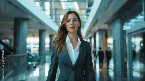 woman in a sleek suit walking through a busy corporate office, © Rajib