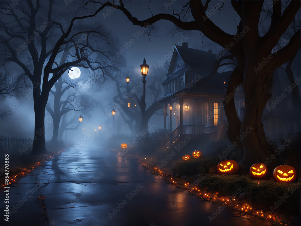 Halloween , lights, and fog-covered towns and streets during Halloween design. Halloween , lights, and fog-covered towns and streets during Halloween design.