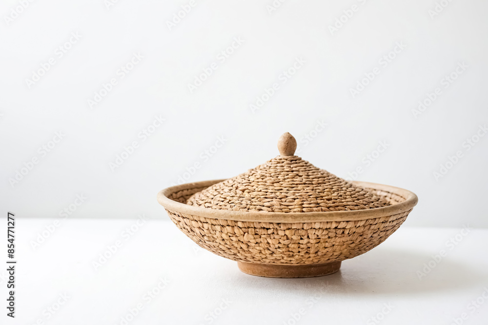Obraz premium Woven Basket with Lid on White Background