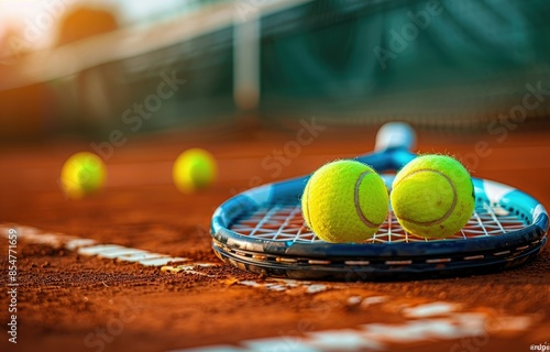 Tennis Racket and Balls on Clay Court