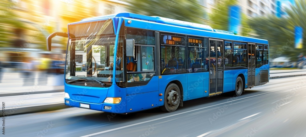 Urban bus in motion on city road with blurred buildings background in close proximity Urban bus in motion on city road with blurred buildings background in close proximity