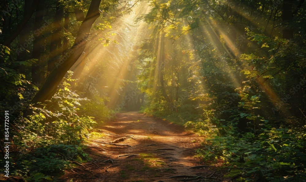 Naklejka premium Forest path with sunbeams