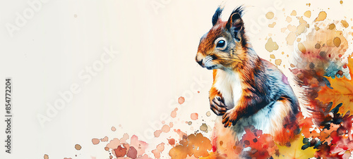 Playful squirrel portrait in watercolor, focus on, copy space, rich hues, double exposure silhouette with autumn foliage.
