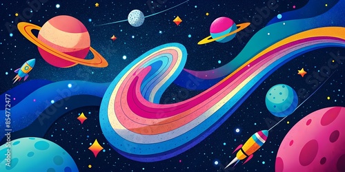Colorful Whimsical Outer Space Rocket Illustration
