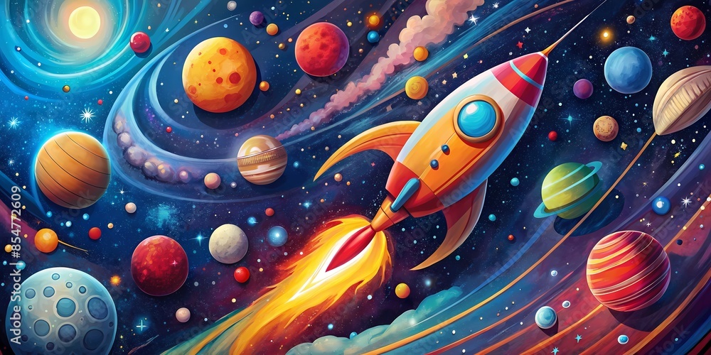 Colorful Whimsical Outer Space Rocket Illustration Colorful Whimsical Outer Space Rocket Illustration