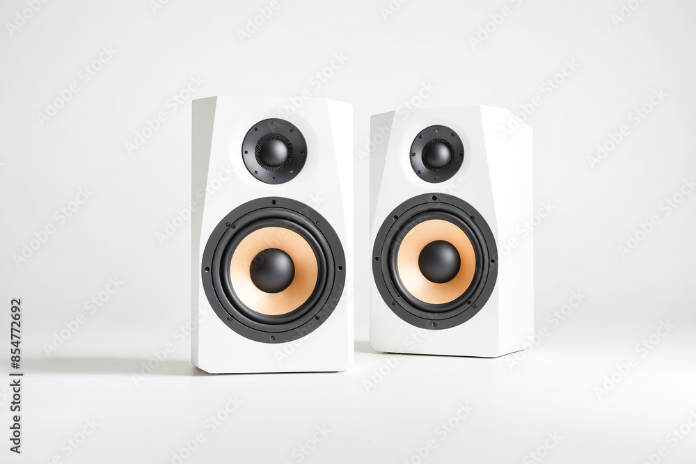 White Audio Speakers with Gold Accents on White Background White Audio Speakers with Gold Accents on White Background