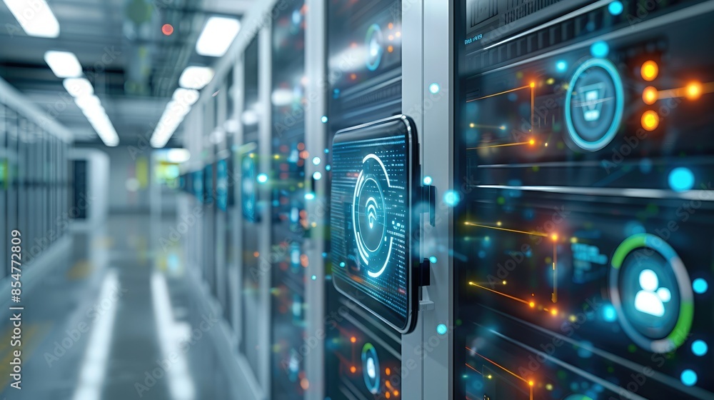 A network of interconnected IoT devices monitoring and regulating the temperature and humidity in a bank data center. Generative AI. A network of interconnected IoT devices monitoring and regulating the temperature and humidity in a bank data center. Generative AI.