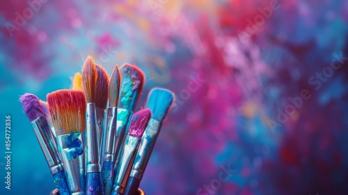 Vibrant Paintbrush Collection against Colorful Abstract Background photo