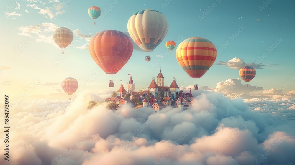 Obraz premium Whimsical Hot Air Balloons Soar Over Enchanted Floating Cloud Island City