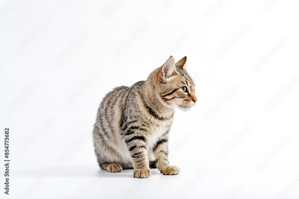 Fototapeta premium Cute tabby cat sitting on white background