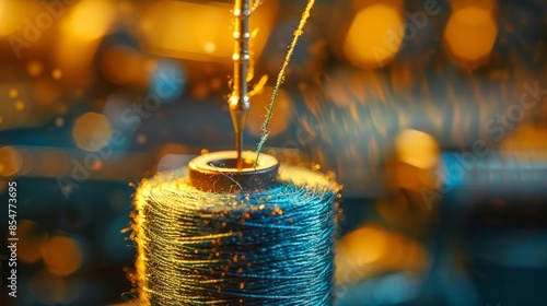 Close-Up of Sewing Needle and Thread Spool with Golden Bokeh Background photo