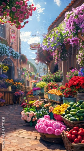 A colorful summer market with fresh flowers and produce
