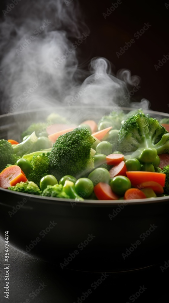 A bowl of vegetables is steaming in a black bowl A bowl of vegetables is steaming in a black bowl
