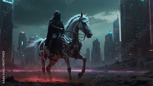 A haunting desert landscape with a dark, foreboding backdrop, featuring the Four Horsemen: a powerful figure on a white horse for conquest, a terrifying rider on a red horse for war, a grim reaper on 