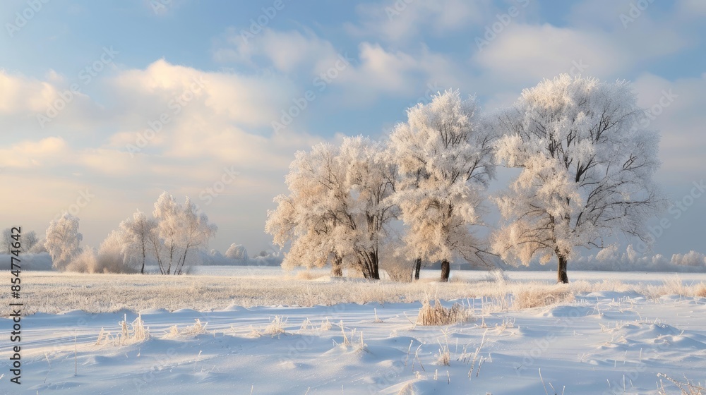 Snow covered meadows and trees in a winter landscape Snow covered meadows and trees in a winter landscape