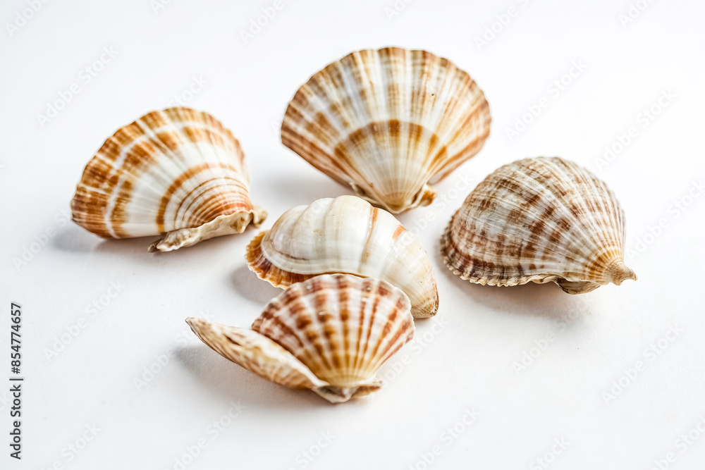 Close up of various seashells on a white background Close up of various seashells on a white background