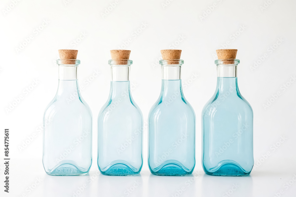 Four Blue Glass Bottles With Cork Stoppers on White Background Four Blue Glass Bottles With Cork Stoppers on White Background