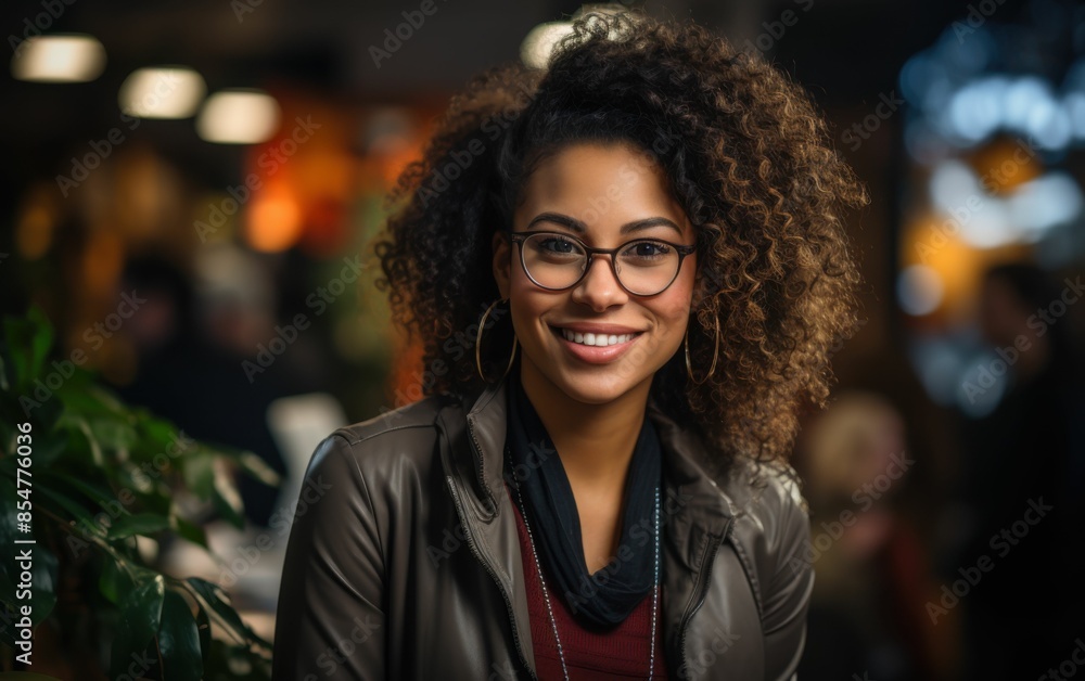 A woman with curly hair and glasses is smiling at the camera A woman with curly hair and glasses is smiling at the camera