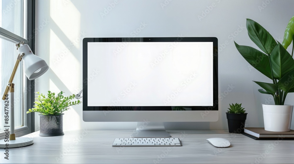 Fototapeta premium Close up Minimalistic workspace with computer modern designer desktop with blank computer screen, office equipment decorations on table. Mock up