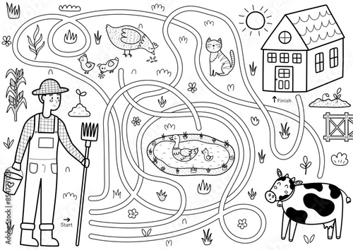 Help farmer to find a way to the house. Farm maze black and white activity page for kids. Mini game for school and preschool in outline. Vector illustration