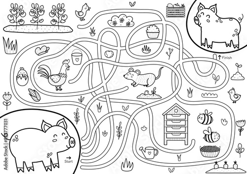 Help mother pig to find a way to her baby piglet. Farm maze black and white activity page for kids. Mini game for school and preschool in outline. Vector illustration