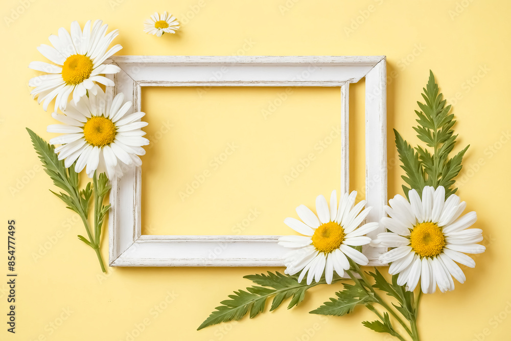 White Daisies and a Rustic Frame on a Yellow Background White Daisies and a Rustic Frame on a Yellow Background